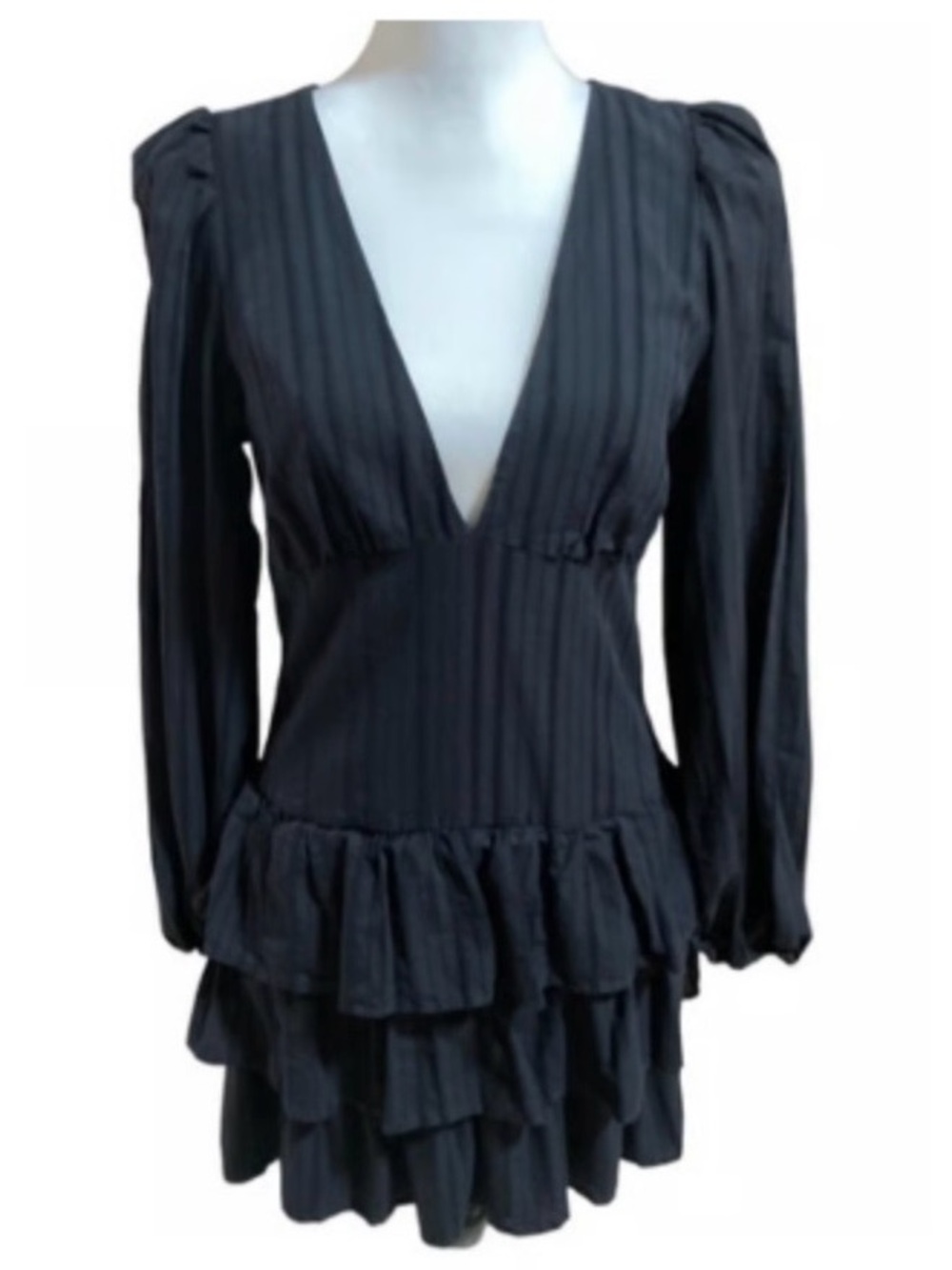 Zara Black Deep V-Neck Tiered Ruffle Long Sleeve Dress